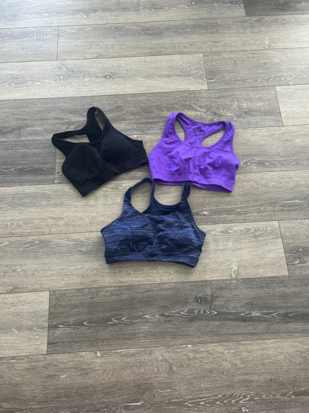 Women’s Seamless Sports Bra Trio - Black, Purple, Heather Navy